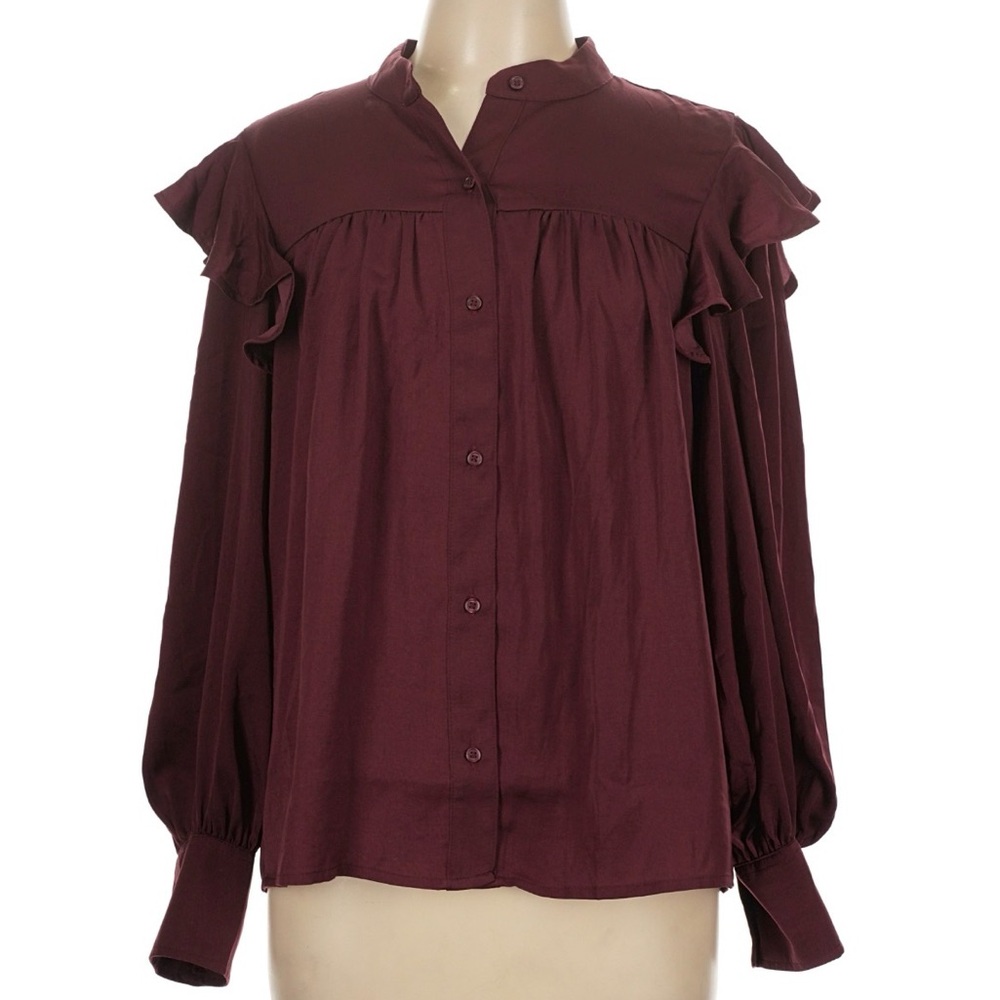 Banana Republic Burgundy Ruffle Button Down Blouse Womens L Wine Red Top